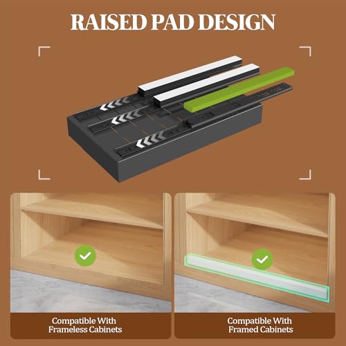 4 Pack Expandable Pull Out Cabinet Organizer 21" Deep With Raising Pad for Framed Cabinets,Upgrade 3 Slide Rails Slide Out Drawers,No Drill Roll Out Shelves,Adjustable Width 9"-14" Black