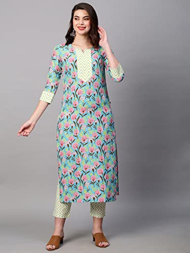 Image of GoSriKi Women's Cotton Blend Printed Straight Kurta With Pant