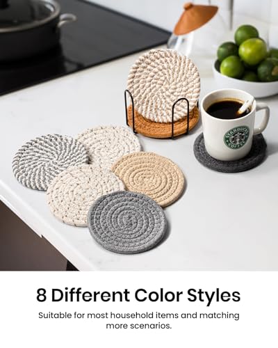 قواعد أكواب مشروبات مع حامل، قواعد أكواب ماصة للمشروبات، مجموعة قواعد أكواب قطن منسوجة لطاولة القهوة وديكور المنزل والبار، 8 قطع، 8 ألوان، 11 سم