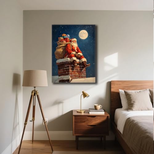 Toile Père Noël décoration murale rustique avec cheminée et cadre