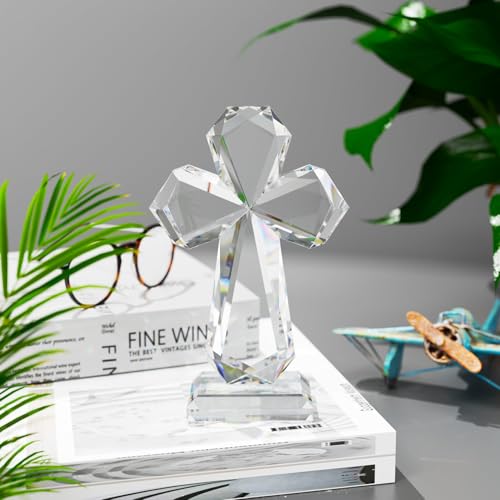 Image of YWHL Clear Crystal Standing Cross Figurine, Holy Christian Religious Gift