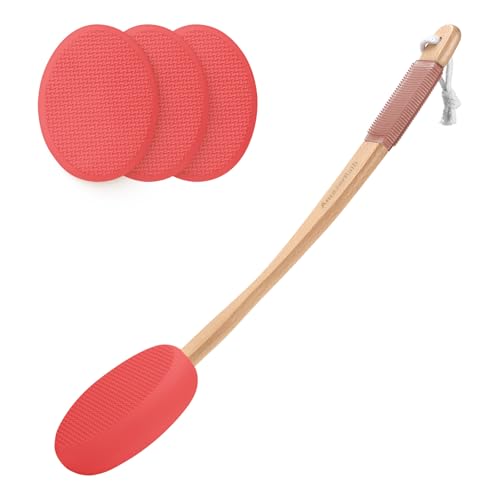 Image of AmazerBath Lotion Applicator for Back, Feet, 4 Replacement Pads with 17 inch Curved Handle, Back Sunscreen Applicator for Kids, Elderly, Women, Apply Skin Cream Medicine Moisturizer Tanner, Rose Red