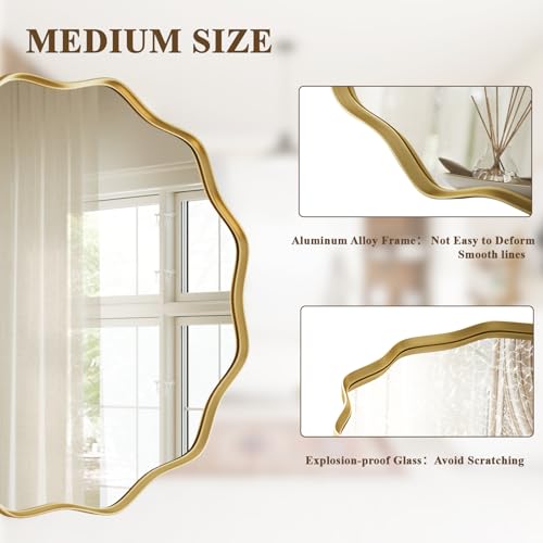 VooBang Gold Scalloped Circle Mirror, 24" Wavy Edge Round Wall Mirror with Tempered Glass Textured Circular Metal Deep Frame, Hanging Leaning for Bathroom, Hallway, Entryway, Livng Room