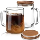 CMLKLZD Glass Coffee Mugs, 20 oz Glass Coffee Cups with Acacia Wood Lids, Clear Borosilicate Glass Mugs with Handles for Cappuccino, Tea, Latte, Hot/Cold Beverages, Wine, Americano, Set of 2