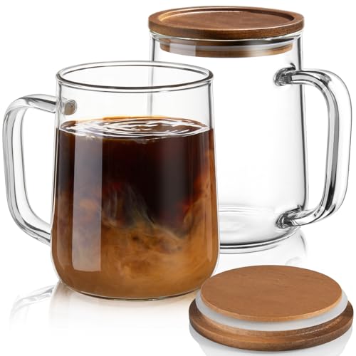 CMLKLZD Glass Coffee Mugs, 20 oz Glass Coffee Cups with Acacia Wood Lids, Clear Borosilicate Glass Mugs with Handles for Cappuccino, Tea, Latte, Hot/Cold Beverages, Wine, Americano, Set of 2