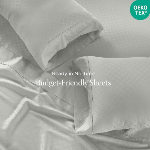 Image of Threadmill 300TC Cotton Queen Sheet Set, Sateen, Jacquard, Light Grey | 100% Cotton, Sateen Weave, Jacquard Pattern, 4-Piece Set, 16 inch Deep Pocket, Cooling, OEKO-TEX Certified, Machine Washable