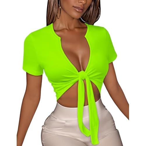 Women's Tie Front Crop Top V Neck Short Sleeve T Shirt Summer Casual Basic Slim Fit Tees
