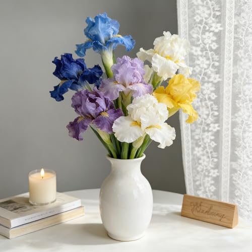Iris artificiales de seda Allinlove flores blancas decorativas para jarrones de mesa 8