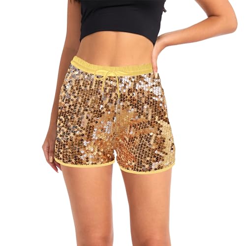 Women's Sequin Shorts with Elastic Cord High Waist Pants Casual Loose Carnival Line Pants Club Party Glitter Sparkly Shorts