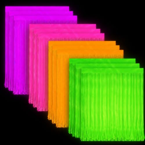 Image of 12 Pack Glow in The Dark Curtains Party Supplies 6.6 x 3.3 Ft Glow Tinsel Foil Fringe Curtains Colorful Photo Booth Prop Backdrop Streamer for Birthday Holiday Neon Party Decorations