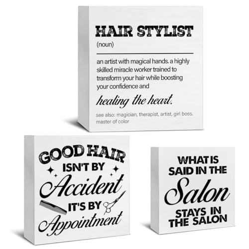 3 Pcs Hair Dresser Wood Signs Decor - Salon Block Signs, Stylist 'Good Hair Isn't By Accident' Hairapist Wooden Box Decorations for Barbershop, Tiered Tray, Desk, Table, Shelf