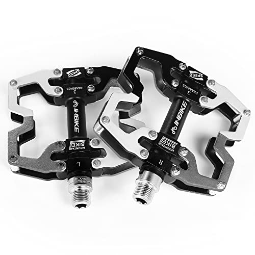 INBIKE Pédale Velo VTT 9/16 en Alliage Aluminium Pédales Plates Vélo Plate-Forme Large Anti-Glissant Bon Grip Solide(Argent)