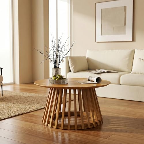 Image of HNY Modern Black Round Coffee Table for Living Room, Mid Century Wood Outdoor 31.5 inch Circle Small Center Table with Fluted Base for Patio, Home Small Space, Bedroom, Apartment, Studio, Natural