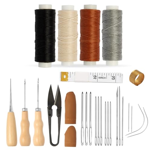 Kit Riparazione Pelle con Filo Cerato, Aghi Curvi & Punteruoli - 4 Rulli, 34 Aghi, per Sedili Auto, Divani e Vele (4 filo cerato)