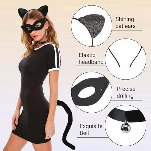 Sprinlot Katzenkostüm Damen, Katzenohren Haarreif Schwanz Halskette Masken, Katze Kostüm Accessoires Erwachsener Halloween Karneval Cosplay Party