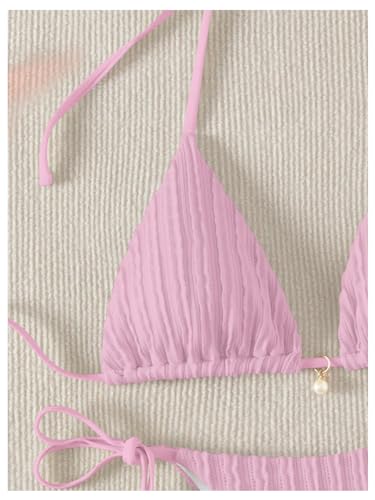 GORGLITTER Women's Lace Bikini Set Striped Bow Two Piece Swimsuit Halter Triangle Top Ring Linked Bathing Suit3