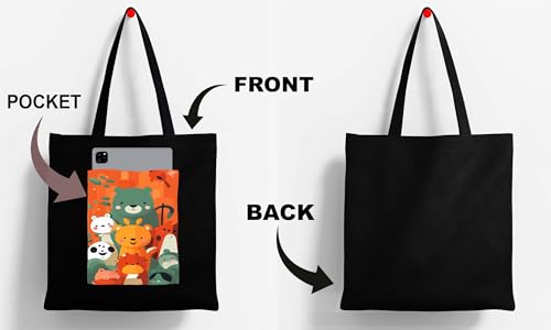Image of ZORI Black Tote Bag With Pocket Printed Designed Canvas Tote Bags For Women large capacity,Tote bag For Shopping, College, Travel, More Canvas Handbag For Unisex Bag