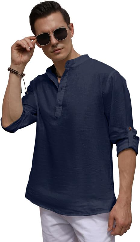 Image of ROYALSCOUT Men's Cotton Blend Casual Short Kurta Shirt with Notch Neck and Button Detail | Full Sleeve Straight Fit Lightweight Ethnic Top for Summer