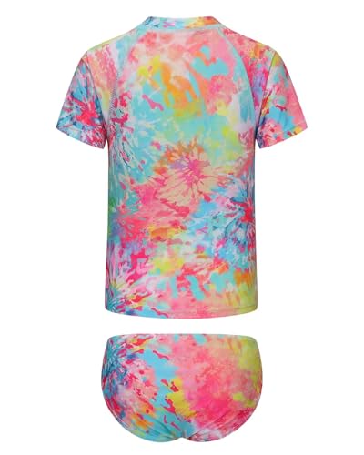 Image of Girls Two Piece Rash Guard Swimsuits Set Short Sleeve Bathing Suit for Kids Hawaiian Swimwear Set 3-16 Years