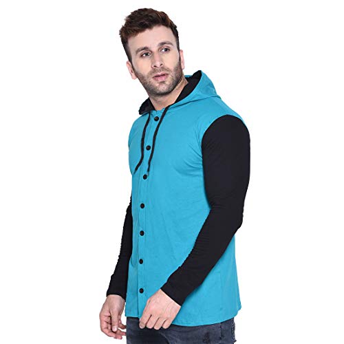 Image of Geum Men's Full Sleeve Hooded T-Shirt with Button-Down Front | Casual Slim Fit Cotton Shirt-Style Tee