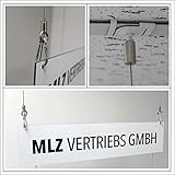 Farbe: Weiss/Silber Zweifach Ring/Karabiner-Abhängeset für Spuckschutz/Displays/Platten/Schilder für Rasterdecken weiss, Ø1,5mm, Länge 1500mm  vernickelt