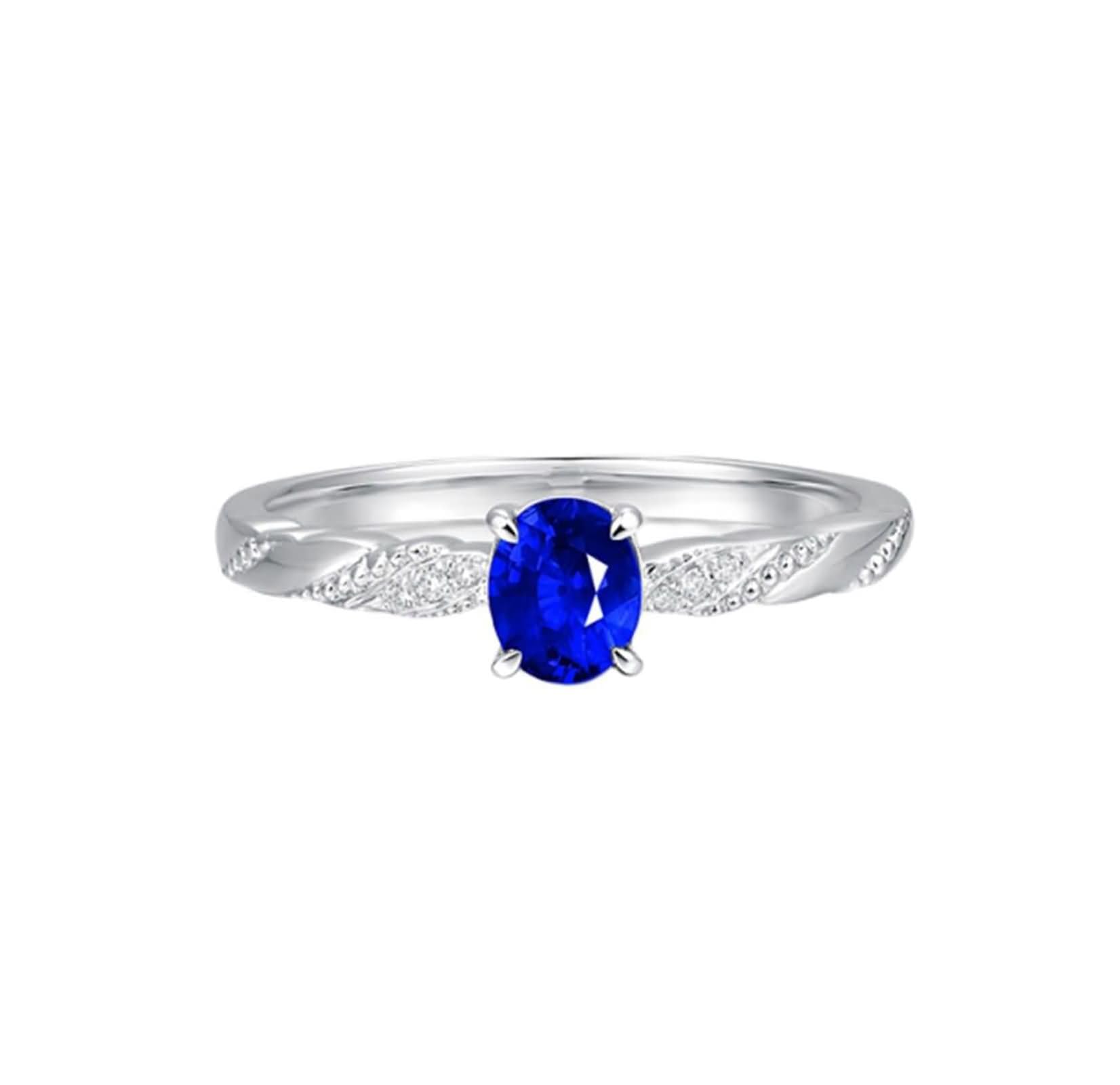 Anelli Fedi Nuziali Donna Oro Bianco 9 Kt / 14 Kt / 18 Kt, 4 Griffe Ovale con Zaffiro da 0,4 ct e Diamante, Anello Fedi Nuziali Donna in Blu Argento