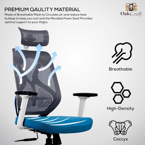Image of Oakcraft Cyclone Ergonomic Office Chair with Multi-Lock Tilt, Seat Slider, Dynamic Lumbar Support, 4D Adjustable Armrests, 2D Headrest, Breathable Mesh High. (Blue, Hurricane)