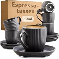 Cosumy Espressotassen Schwarz Matt mit Untertassen 6er Set - 90ml - Streifenmuster Keramik - Spülmaschinenfest -Mikrowellenfest - Moderne Mokkatassen Set