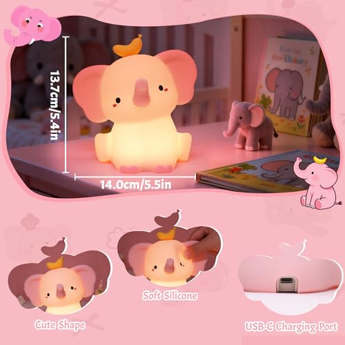 Image of OkiyiD Pink Elephant Lamp, Cute Silicone Night Light, Dimmable Animal Nursery Night Lights Bedside Touch Lamp, Elephant Gifts for Bedroom Decor