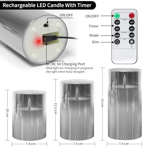 daphomeu Rechargeable Flameless LED Candles with Timer, Remote Control, 3D Simulation Glass Effect, 3 Pack, Grey - Image 2