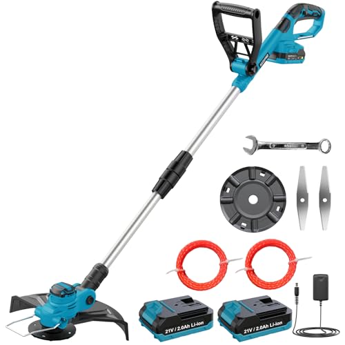 Desbrozadora Electrica 21V, KUZUPRO Desbrozadora Bateria Brushless, Recortadora de Cortabordes Bateria con 2 Baterías 2.0Ah, 2 Cuchillas, 2 Bobina de Hilo de 5 m, Mango Ajustable, Tubo Telescópico