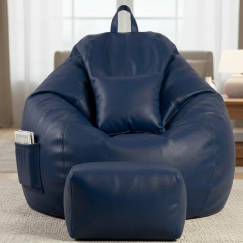 Image of KAM'S LIEU 5XL Luxury Faux Leather Bean Bag with Footrest & Cushion | Pre-Filled High-Density Polystyrene Beans | Premium Leatherette | 6 Months Warranty Color- (Navy Blue, Without Footrest)
