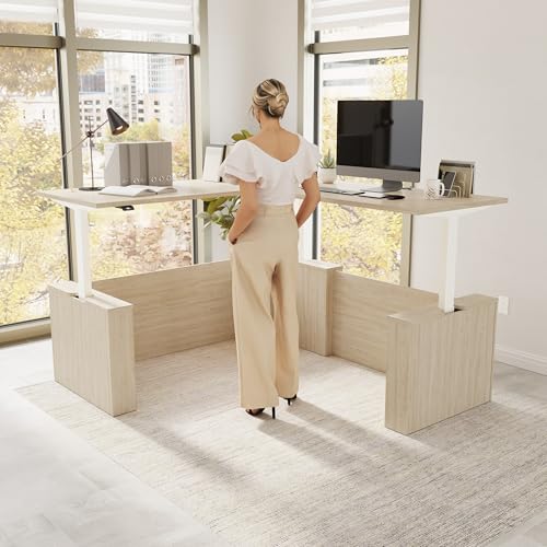 Image of Bush Business Furniture 72-inch Electric Height Adjustable L Shaped Standing Desk, Ergonomic Sit-Stand Computer Table for Office, Stratus Collection, Natural Elm with White Base