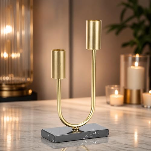 Image of GRISHA Gold Candle Holder for Dining Table – Modern Double Taper Candle Holder with Marble design Base – 2 Arm Metal Candlestick Holder for Home Decor, Wedding Table Centrepiece