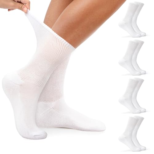 Kunoli 4 Pair Diabetic Socks for Women Men, White Compression Socks for Swollen Feet and Ankles, Extra Wide Loose Top with Seamless Soft Top for Diabetic
