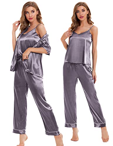 Image of SWOMOG Womens Silk Satin Pajamas Sets 4pcs Sleepwear Sexy Cami Shorts Set and Button Down Short Sleeve Pjs Loungewear Chestnut Large