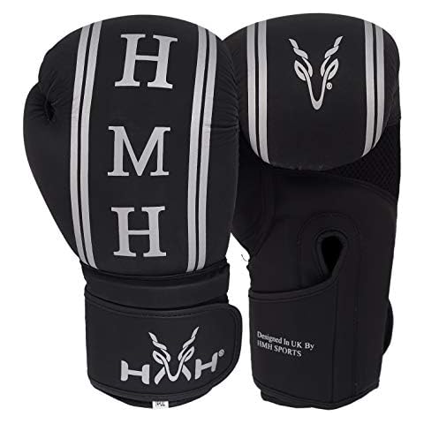 HMH Sports Boxing Gloves -Boxing Equipment with Leather for Muay Thai Kick Sparring Fighting & Training MMA Silver and Black Gloves Men & Boxing Gloves Women (Silver, 16 OZ) Cover