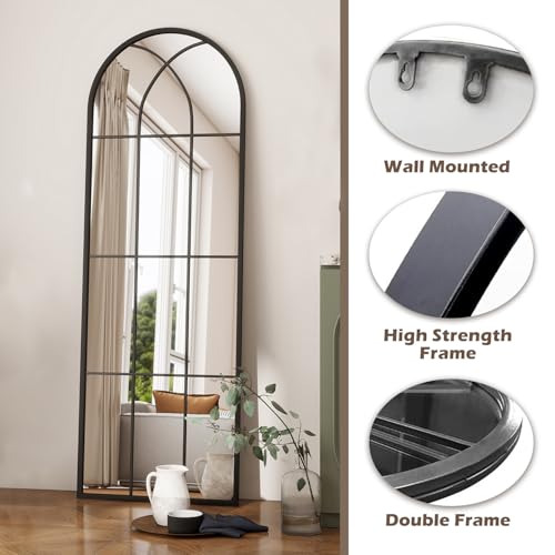 Image of Dewfig Arched Full Length Mirror, 65 inchx 22 inch Windowpane Floor Mirror, Black
