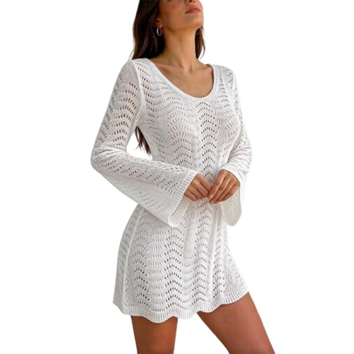 Vestido de Playa de Manga Larga de Verano con Escote en V y Espalda Descubierta, con Cordones Ajustables y Tejido de Punto Calado, Pareo Moderno y Sexy para la Costa
