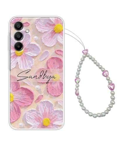 Image of COBERTA Name Customized Back Cover for Samsung Galaxy A35 5G Back Cover Personalized Case with Phone Charm Chain Strap Beads & Pearls for Girls Stylish - Pink Floral Flower Heart - CUSTD16689