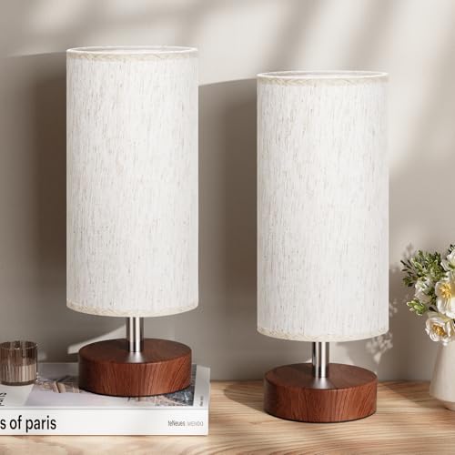 Image of Table Lamps Set of 2 (Cream Shade - Walnut Base, 11.6 inch Inline Control) | Bulb not Included | Small Lamps for Bedroom | Desk Lamp for Reading | for Living Room | for Dorm | Linen Shade