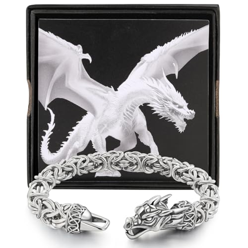 LCTrusttmor Gahna Dragon Mens Bracelet Stainless Steel Cuban & Byzantine Bracelets for Men Punk Norse Vintage Jewelry Birthday Gifts for Him Husband Father Length 8 Inches Silver