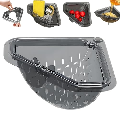 Magnetic Triangle Sink Strainer Magnetic Corner Sink Strainer Basket with Twist-Open Bottom for Food Scraps Corner Sink Strainer for Kitchen Sink No-Drill Adhesive Mount (1PC)