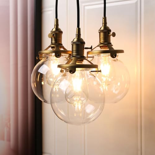 Image of Phansthy 3-Light Cluster Pendant Light, Antique Brass Chandelier with 5.9 inch Globe Glass Shade, Foyer Chandeliers Entryway High Ceiling Staircase Lights (Antique)