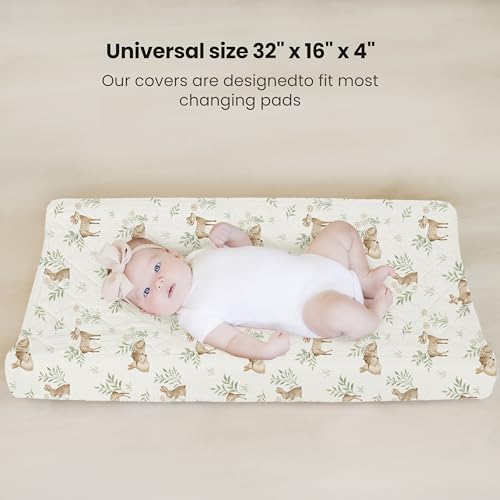 Image of Konssy Waterproof Muslin Changing Pad Cover 2 Pack, Quilted Cotton Fitted Diaper Changing Table Cover, Soft Changing Pad Sheets for Girls Boys (Woodland, Sage)