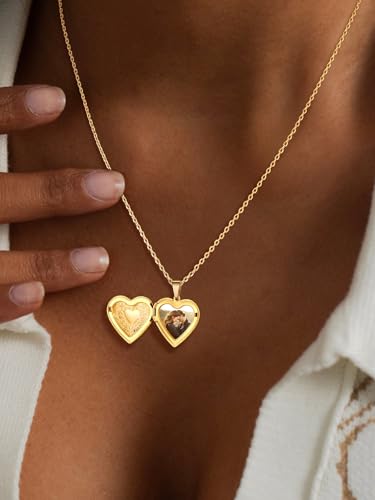 U7 Women Locket Necklace Platinum 14K Gold Photo Lockets that Hold Picture,Chain 20 Inch Personalized Gift Custom Love Heart Image Necklaces3