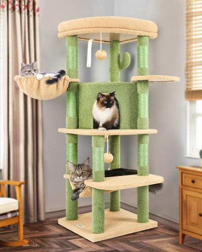 Image of Globlazer Cactus Corner Cat Tree Tower with Scratching Post for Indoor Cats, 51in Multi-Level Cat Condo Tower with Large Hammock, Fan-Shaped Padded Perch, Spacious Cat Cave, Hanging Basket, C51, Green
