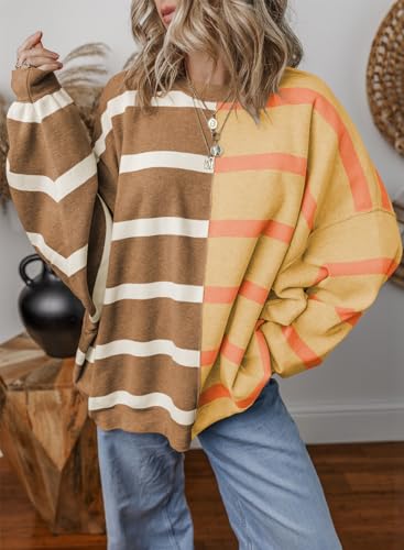 Image of EVALESS Womens Striped Sweaters Long Sleeve Cable Knitted Color Block Casual Loose Lightweight Oversized Sweaters Pullover