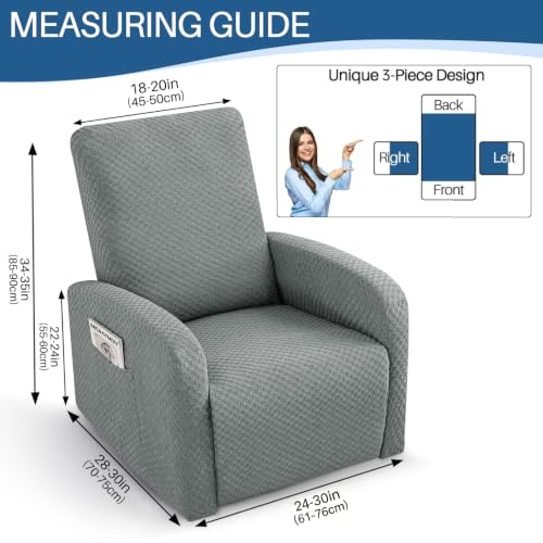 Image of YEMYHOM 3 Pieces Stretch Recliner Slipcover Jacquard Small Recliner Chair Cover with Side Pocket Anti-Slip Fitted Furniture Protector with Elastic Bottom (X-Small Recliner, Light Gray)