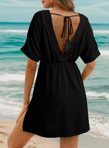 Dokotoo Swimsuit Coverup for Women Hollow Out V Neck Short Sleeve Bathing Suit Bikini Beach Cover Ups Mini Dress2